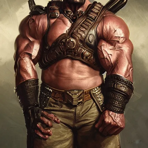 Image similar to ultra realistic illustration,, a hulking herculean dave bautista with leather armour, from doom and warhammer, intricate, elegant, highly detailed, digital painting, artstation, concept art, smooth, sharp focus, illustration, art by artgerm and greg rutkowski and alphonse mucha