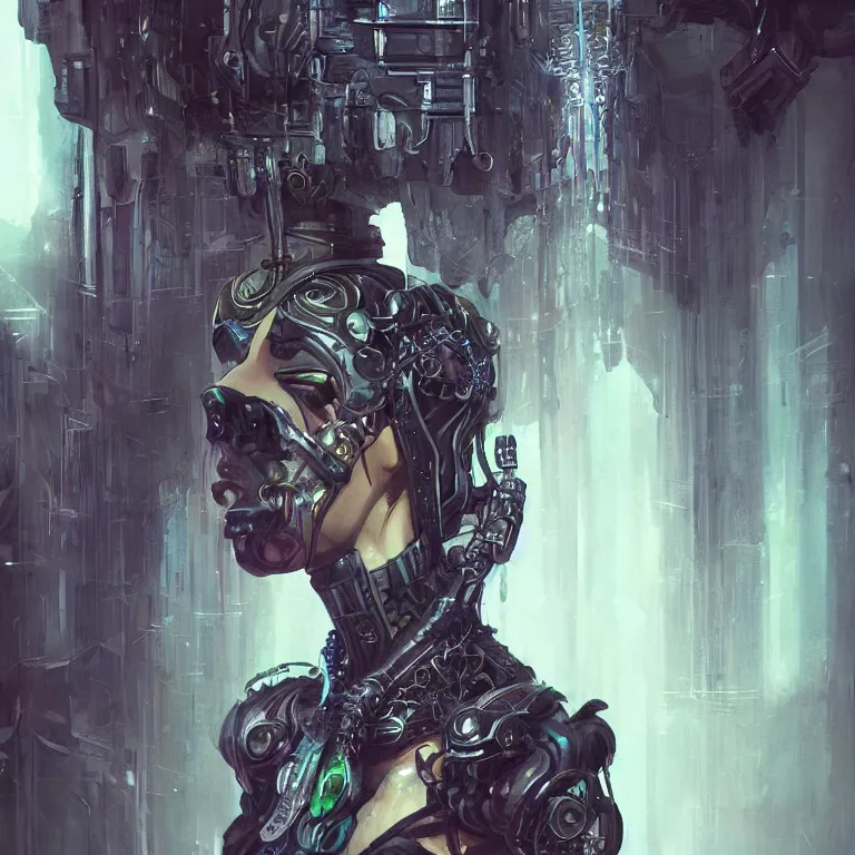 Image similar to cybernetic priestess, cyberpunk, gothic, fantasy, science fiction, character concept art, painting, hyperdetailed, realistic, creepy, atmospheric, cinematic, kinemacolor