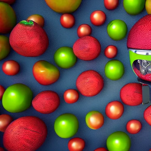 Image similar to fruit robot on colorful background, octane render, unreal render, hyperrealistic textures