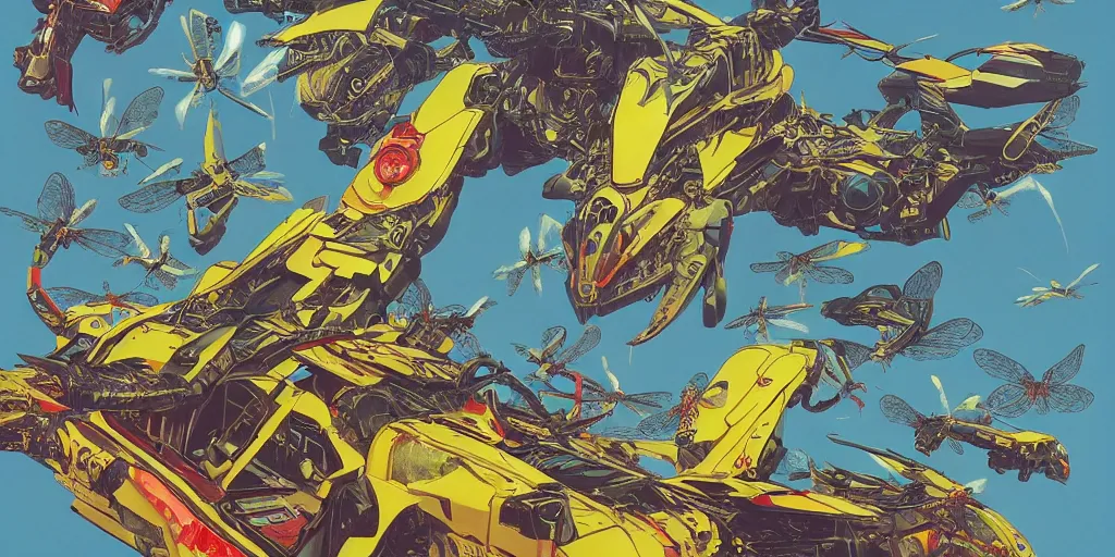 Prompt: risograph, gigantic mecha arzach birds with dragonflies, tiny rats, a lot of exotic animals around, big human faces everywhere, helicopters and tremendous birds, by satoshi kon and moebius, matte yellow colors, surreal design, crispy, super - detailed, a lot of tiny details, no blur, 4 k, fullshot