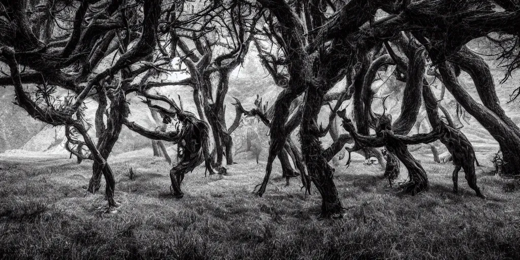 Image similar to photography of hay monsters, dancing, forest, dolomites, alpine, detailed intricate insanely detailed octane render, 8k artistic 1920s photography, photorealistic, black and white, chiaroscuro, hd, by David Cronenberg, Raphael, Caravaggio