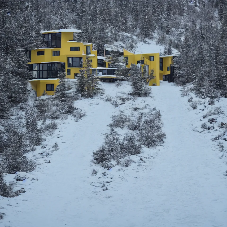 Image similar to a road leading to a mid-century modern house on top of a cliff in the arctic, covered with snow, designed by Frank Gehry, with a long pathway toward it. Big tiles. Film grain, cinematic, yellow hue