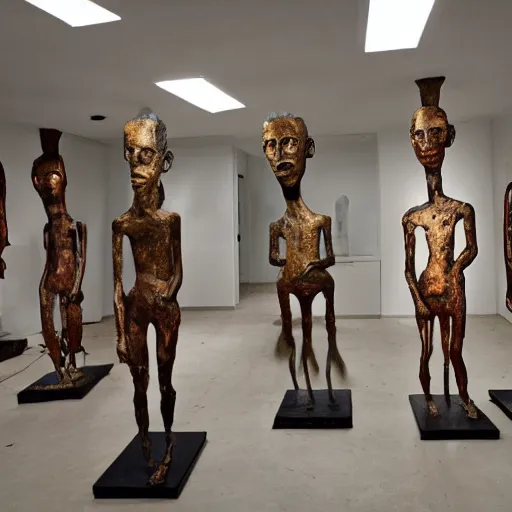 Image similar to a room full of bronze Jean-Michel Basquiat statues