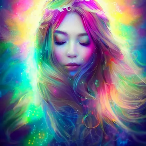 Image similar to lively and lovely girls, angelic face, colorful and flowing hair, colorful eyes, smiling innocently and cutely, colorful light effects, clean and fresh, ethereal, macro, uplight, lush, radiant, detailed, fantasy style, by ross tran, kazuki tanahashi