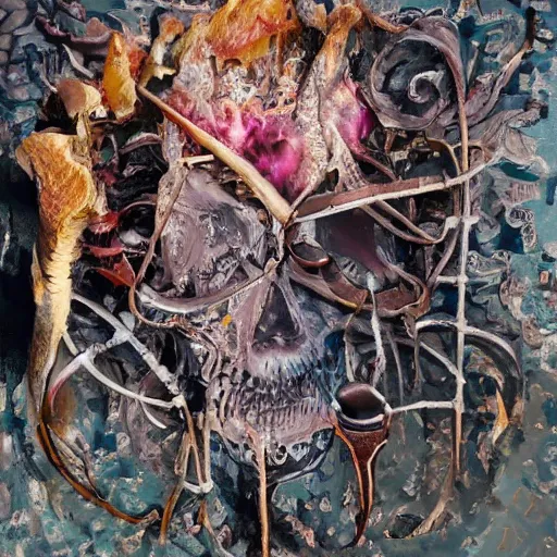 Prompt: Human flesh, bones and rusted metal arranged inside a flower vase