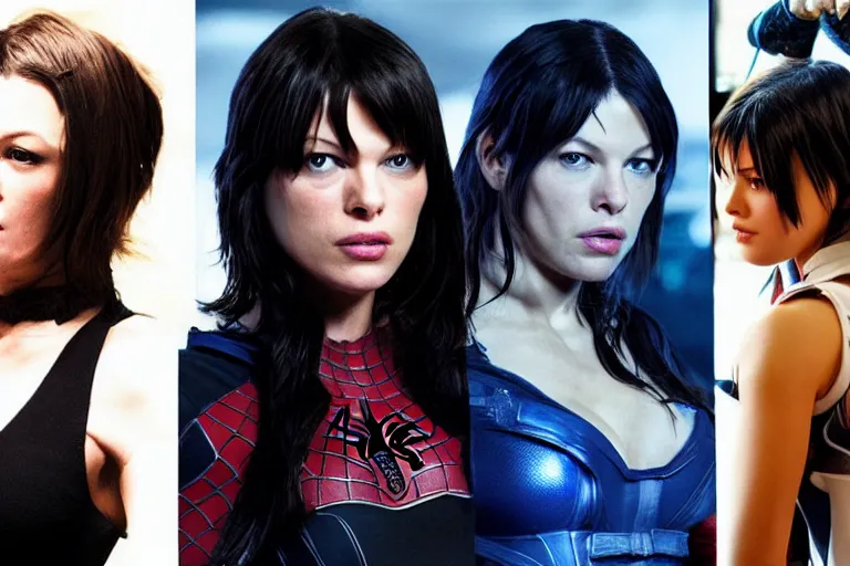 Prompt: Mila Jovovich as rinoa from final fantasy nime, kanye west as a japanese character Te Kā female lava and fire goddess character, character is in all its glory, Spiderman as electro