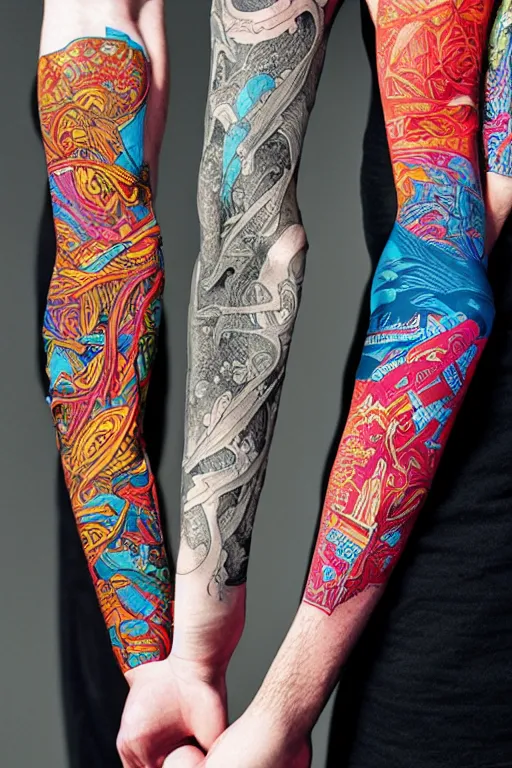 Prompt: tattoo arm sleeves by kilian eng and victo ngai and james jean