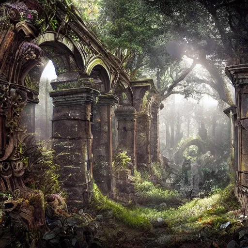 Image similar to beautiful ancient magical overgrown secret place, mysetrious etherial mesmerizing atmosphere, ancient ruins in the forest, extremely intricate, hyper detailed, hd, masterpiece