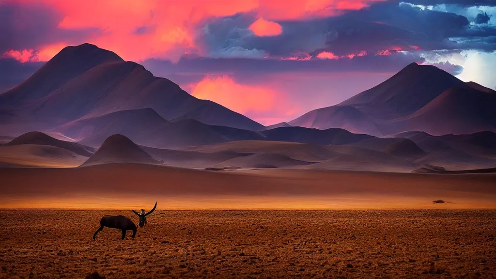 Image similar to amazing landscape photo of the Namib landscape with mountains in the distance and an Oryx standing in the foreground by marc adamus, beautiful dramatic lighting