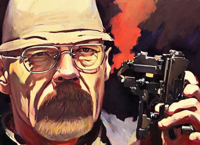 Image similar to a highly detailed beautiful portrait of walter white with a gun, by gregory manchess, james gurney, james jean