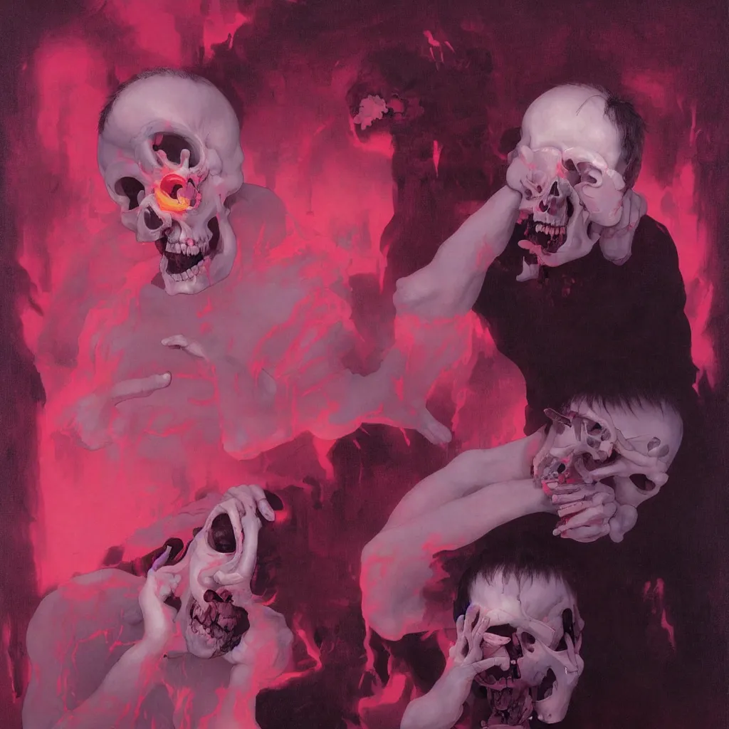 Prompt: weird and disturbing portrait of todd solondz puking blood, skull, vivid colors, neon, art by ( ( ( kuvshinov ilya ) ) ) and wayne barlowe and francis bacon and artgerm and wlop and william - adolphe bouguereau