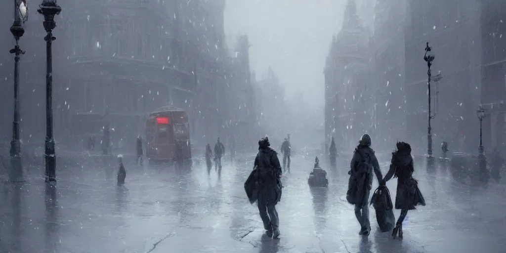 Prompt: two people in the street of london in winters, greg rutkowski style, trending on artstation