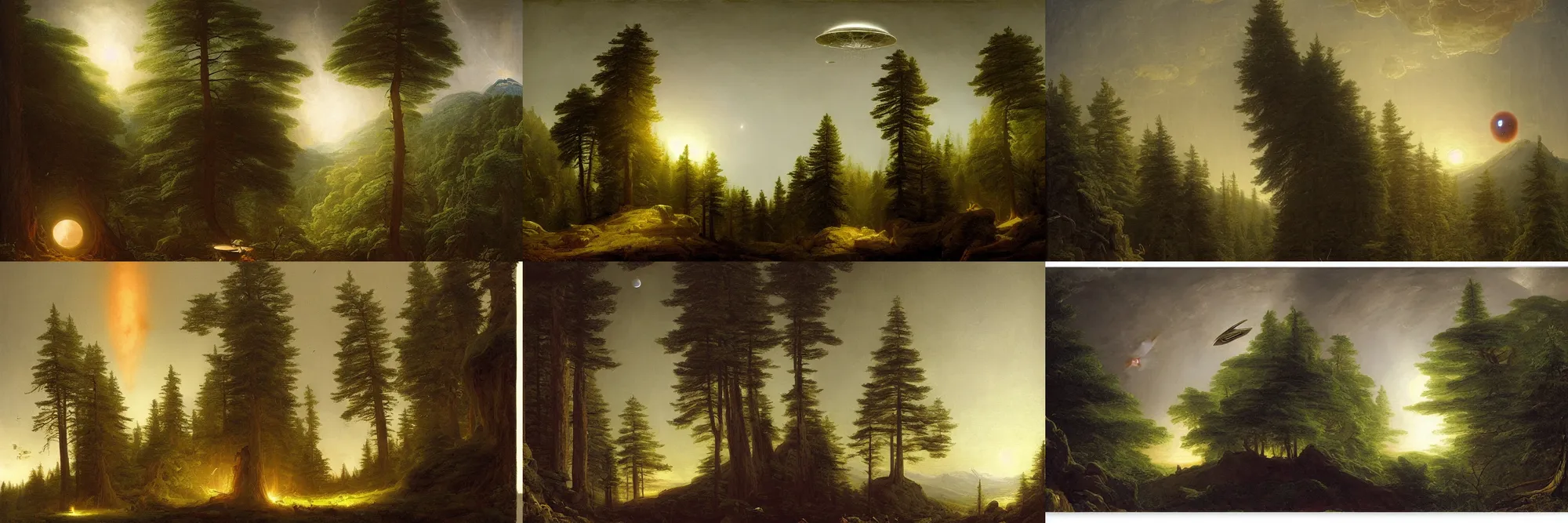 Prompt: Far away giant UFO emerging from the sky over a pine tree forest by Thomas Cole, by Raphael Lacoste, by Guy Denning, dark, night