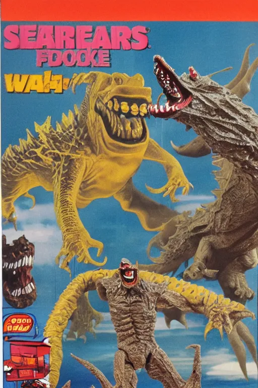 Prompt: sears wishbook page, kaiju action figures, playsets, 1980s