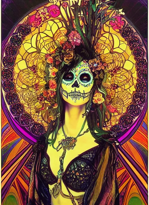 Prompt: realistic detailed psychedelic poster art of a cute punk goth fractal Día de los Muertos girl posing by Victor Moscoso Rick Griffin Alphonse Mucha Ayami Kojima Amano Charlie Bowater, masterpiece