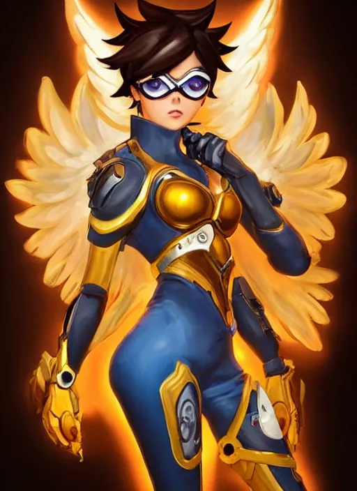 Image similar to full body oil painting of tracer overwatch in the style of artgerm, angel wings, angelic golden armor, dramatic painting, symmetrical composition, ornate, high detail, gold detailed collar!!!!!, blooming, lights, flowers, detailed face,