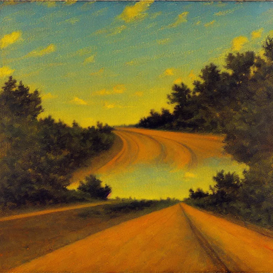 Prompt: artwork about a road towards the horizon, by max svabinsky. atmospheric ambiance. depth of field and tridimensional perspective. lighthearted mood.