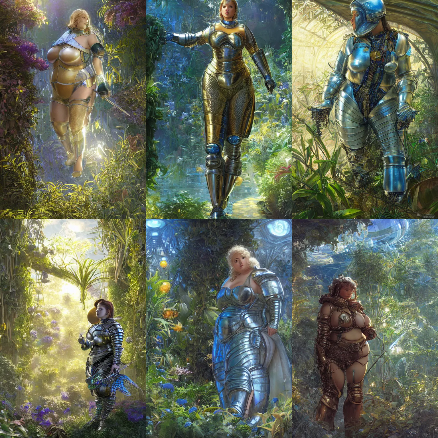 Prompt: a very short and chubby plump bodied female knight in a hi-tech botanical world with blue skies | style of donato giancola, vincent callebaut, dramatic light | high detail | cinematic lighting | pristine metals, glass, plants | solarpunk | golden hour | volumetric lighting | concept art |