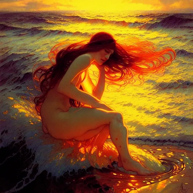 Image similar to ocean waves of glossy liquid honey drops flowing like psychedelic translucent amber, lsd waves, lsd ripples, backlit, sunset, refracted lighting, art by collier, albert aublet, krenz cushart, artem demura, alphonse mucha