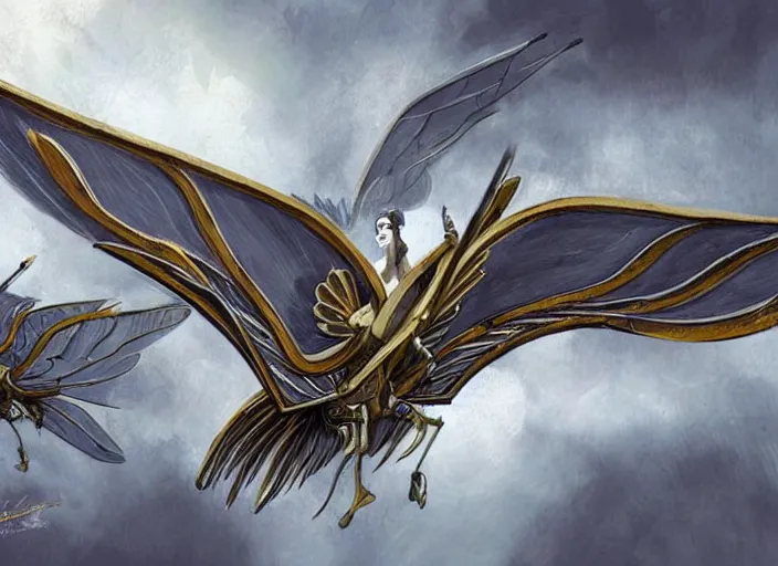 Prompt: concept art of an angelic modern ornithopter jet plane with ornate bird - like wings with art deco patterns flying over an outpost in an elven forest, solarpunk, high fantasy art, art book