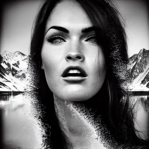 Image similar to double - exposure effect of megan fox face as beautiful mountains, in the style of dan mountford, amazing detail, black and white