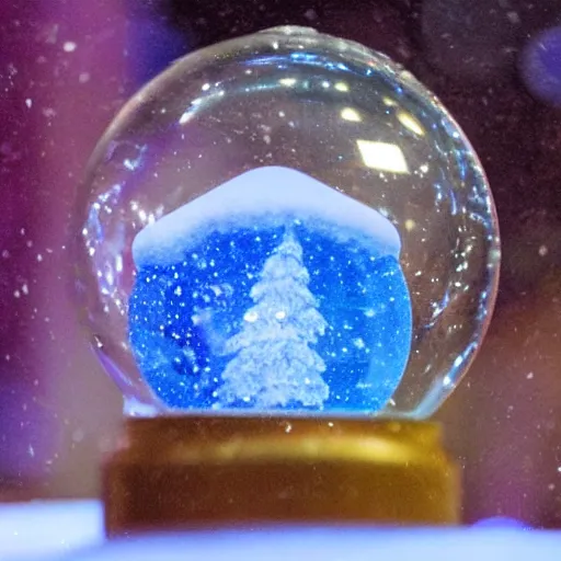 Prompt: A snowglobe is on display with an Apple iPhone inside.