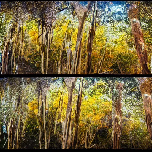 Prompt: double exposure photograph of tens of eucalyptus trees, flash exposure, autumn, in the style of edward steichen and pollock, sony ar 7 ii