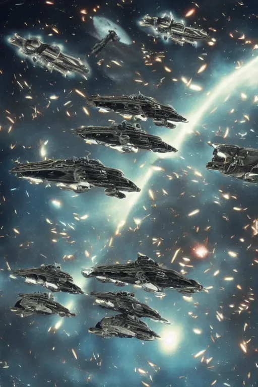 Image similar to hubble photograph of a space marine carrier fleet exiting hyperspace