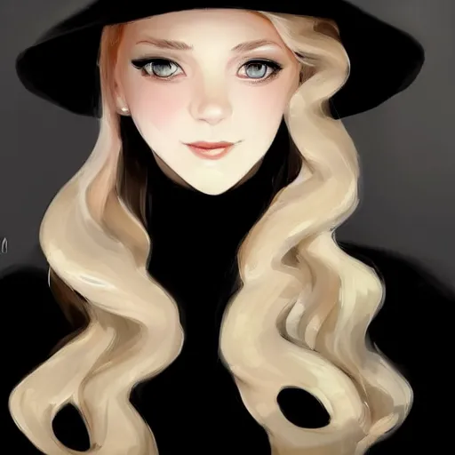 Image similar to beautiful woman in a black dress, full length photo, wearing a white hat and a red scarf, head bowed slightly, looking mischievously and mysteriously at the camera, wavy blond hair, knees upturned, very beautiful woman, 4k highly detailed, digital painting, artstation, concept art, matte, sharp focus, illustration, art by Artgerm and Greg Rutkowski and Alphonse Mucha