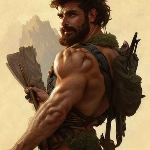 Image similar to rugged male ranger, handsome, D&D, upper body, muscular, hairy torso, fantasy, intricate, elegant, highly detailed, digital painting, artstation, concept art, smooth, sharp focus, illustration, art by artgerm and greg rutkowski and alphonse mucha