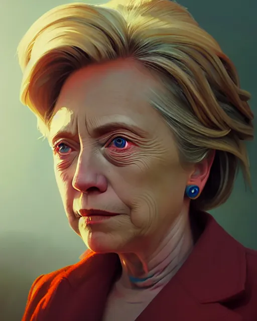 Image similar to highly detailed vfx portrait of a beaten up hillary clinton, stephen bliss, unreal engine, greg rutkowski, loish, rhads, beeple, makoto shinkai and lois van baarle, ilya kuvshinov, rossdraws, tom bagshaw, alphonse mucha, global illumination, detailed and intricate environment