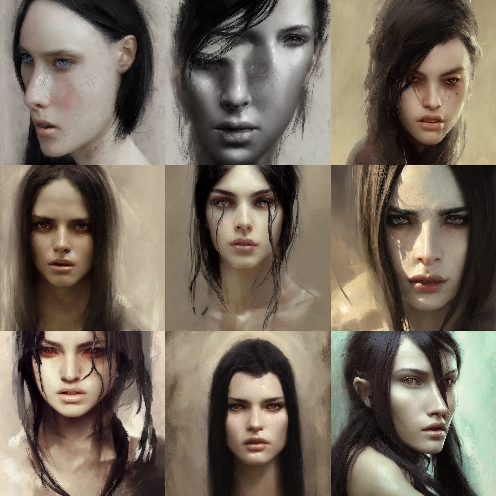 Prompt: digital art painting of a 2 0 years old white skin young latino woman, long black straight hair, strong jaw painted by craig mullins and gaston bussiere and greg rutkowski, symmetrical facial features, symmetrical face, defined facial features, dramatic lighting, close up