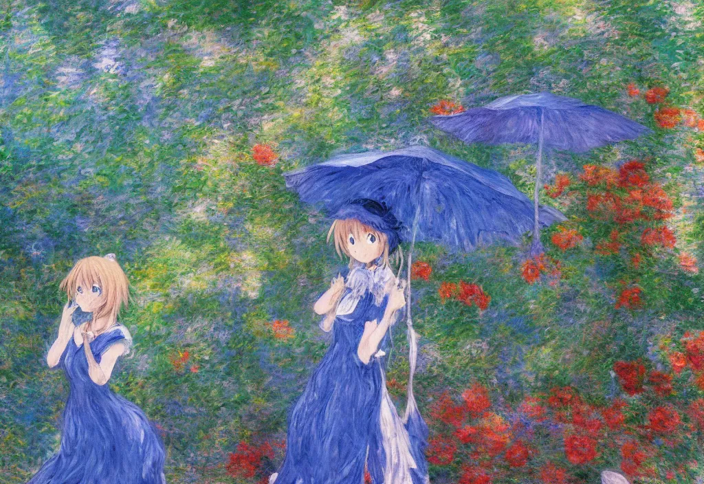 Prompt: anime scenery, blue outfit, very anime in impressionist style, trending artwork, anime painter studio, by claude monet