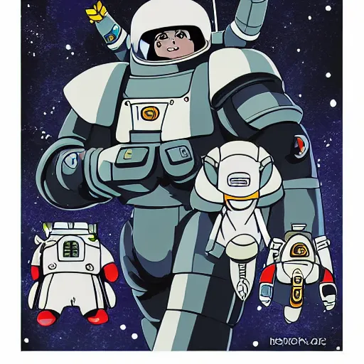 Prompt: space marines, studio ghibli, pulp science fiction illustration