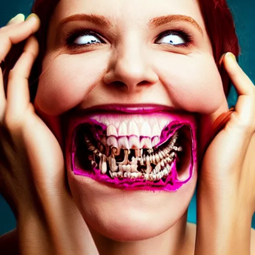 Image similar to body horror. a gorgeous woman with terrifying rotten teeth