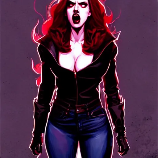 Prompt: rafael albuquerque comic art, peter mohrbacher, steve niles, artgerm, david baldeon, pretty scarlett johansson vampire sharp vampire teeth open mouth, symmetrical eyes, black leather jacket, jeans, long blonde hair