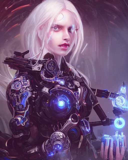 Image similar to holy cyborg necromancer girl, elegant, scifi, futuristic, utopia, garden, atmosphere, white hair, blue eyes, extreme detail, glow, intricate, full of colour, cinematic lighting, trending on artstation, detailed, 4 k, art by yuhong ding and chengwei pan and serafleur and ina wong