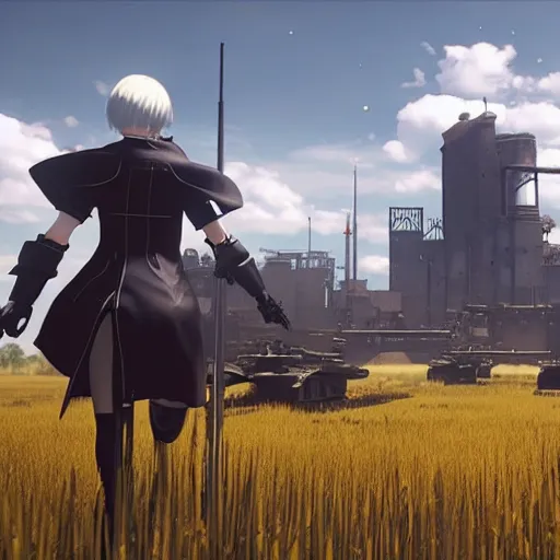 Prompt: a very high resolution image from nier : automata, featuring 9 s android fighting a t 3 4 tank in yellow rye field under pure blue skies