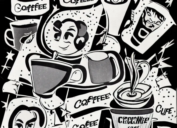 Image similar to cup head fighting against coffee pot boss, lots of coffee, stars, dynamic movements, steam, comic style, 1930s, Walt Disney