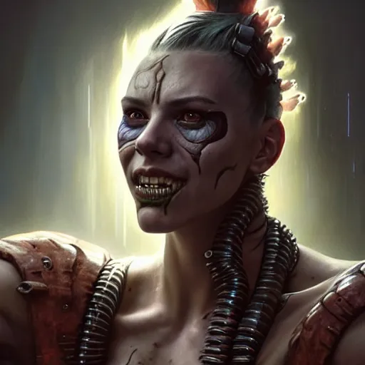 Prompt: portrait painting of a cyberpunk orc shaman extremely muscular ugly scarlett johansson with misshapen teeth, ultra realistic, concept art, intricate details, eerie, highly detailed, photorealistic, octane render, 8 k, unreal engine. art by artgerm and greg rutkowski and charlie bowater and magali villeneuve and alphonse mucha