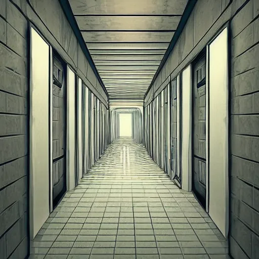 Image similar to “a disorienting white hallway and stairwell with many doors, confusing, creepy, eerie, doors, stairs, strange dimension, anime style, detailed background, trending on artstation”
