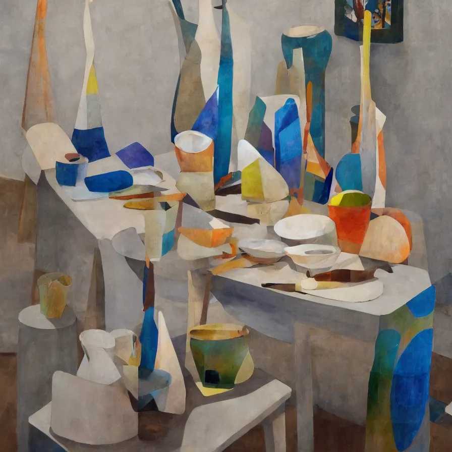 Image similar to beautiful ceramics studio photograph of a ceramics display of tall angular stoneware vase covered with modernist paintings placed on a tablecloth on a wooden table, hyperrealism 8 k trending on artstation