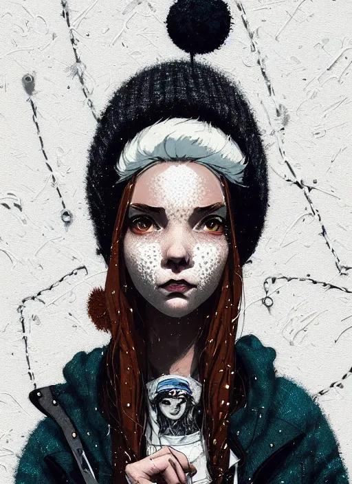 Image similar to highly detailed closeup portrait of a sewer punk lady student, beanie, harris tweed hoodie, frosty white hair by atey ghailan, by greg rutkowski, by greg tocchini, by james gilleard, by joe fenton, by kaethe butcher, gradient, blue, black, brown and cream color scheme, grunge aesthetic!!! white graffiti tag wall background