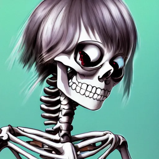 Image similar to manga fine details portrait of joyful skull girl skeleton, bokeh. anime masterpiece by studio ghibli. 8 k render, sharp high quality anime illustration in style of ghibli, artstation