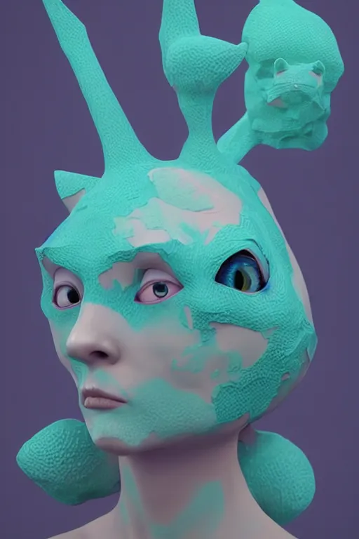 Image similar to epic 3 d abstract sculpture, perlin mesh headdress, 2 0 mm, with pastel pink and cerulean hextech bursting, melting smoothly into bulbasaur, delicate, beautiful, intricate, houdini sidefx, trending on artstation, by jeremy mann and ilya kuvshinov, jamie hewlett and ayami kojima