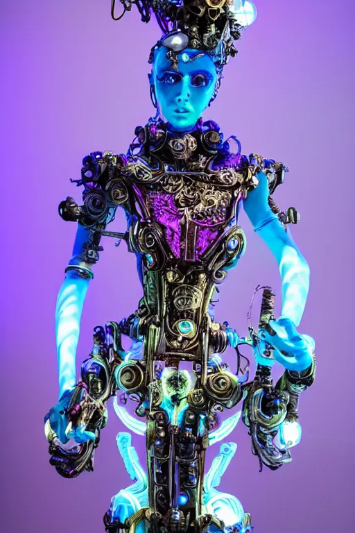 Image similar to full-body porcelain baroque space futuristic style sculpture of a young beautiful goddess as a half-robot wearing cholo shades, blue glowing lips, mechanical fingers, oozing neon radioactive liquid, electric sparks, glowing hot magenta laser beam eyes, blue diamonds, golden steampunk necklace with a glowing white crystal orb, flowing pink satin, industrial fabrics, mechanical plants. baroque and steampunk elements. full-length view. baroque element. intricate artwork by caravaggio. Trending on artstation, octane render, cinematic lighting from the right, hyper realism, octane render, 8k, depth of field, 3D