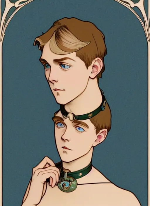 Prompt: art nouveau portrait of a pretty young man with short blond hair, light blue eyes, sad expression, scared, head down, shy and demure, wearing a choker collar, natural lighting, path traced, highly detailed, high quality, cartoon, digital painting, by don bluth and ross tran and studio ghibli and alphonse mucha