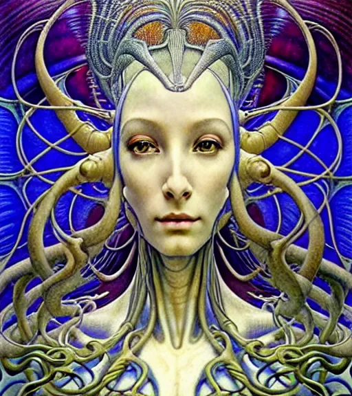 Image similar to detailed realistic beautiful young cher alien robot as queen of andromeda galaxy portrait by jean delville, gustave dore and marco mazzoni, art nouveau, symbolist, visionary, baroque, giant fractal details. horizontal symmetry by zdzisław beksinski, iris van herpen, raymond swanland and alphonse mucha. highly detailed, hyper - real, beautiful