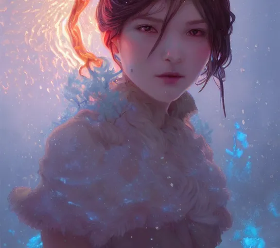 Image similar to beautiful ancient pastel frost witch, fire in eye, snow glow, pool party, highly detailed, digital painting, artstation, sharp focus, illustration, art by tan zi and ayanamikodon and alphonse mucha and wlop!!