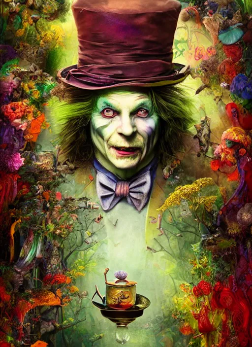 Prompt: mad hatter, solarpunk style, highly detailed, cinematic, 8 k, by megan duncanson, benjamin lacombe, adrian borda, stanley artgermm, tom bagshaw, craig mullins, carne griffiths, ayami kojima, beksinski, giger, trending on deviantart, hyper detailed, horror, full of colour